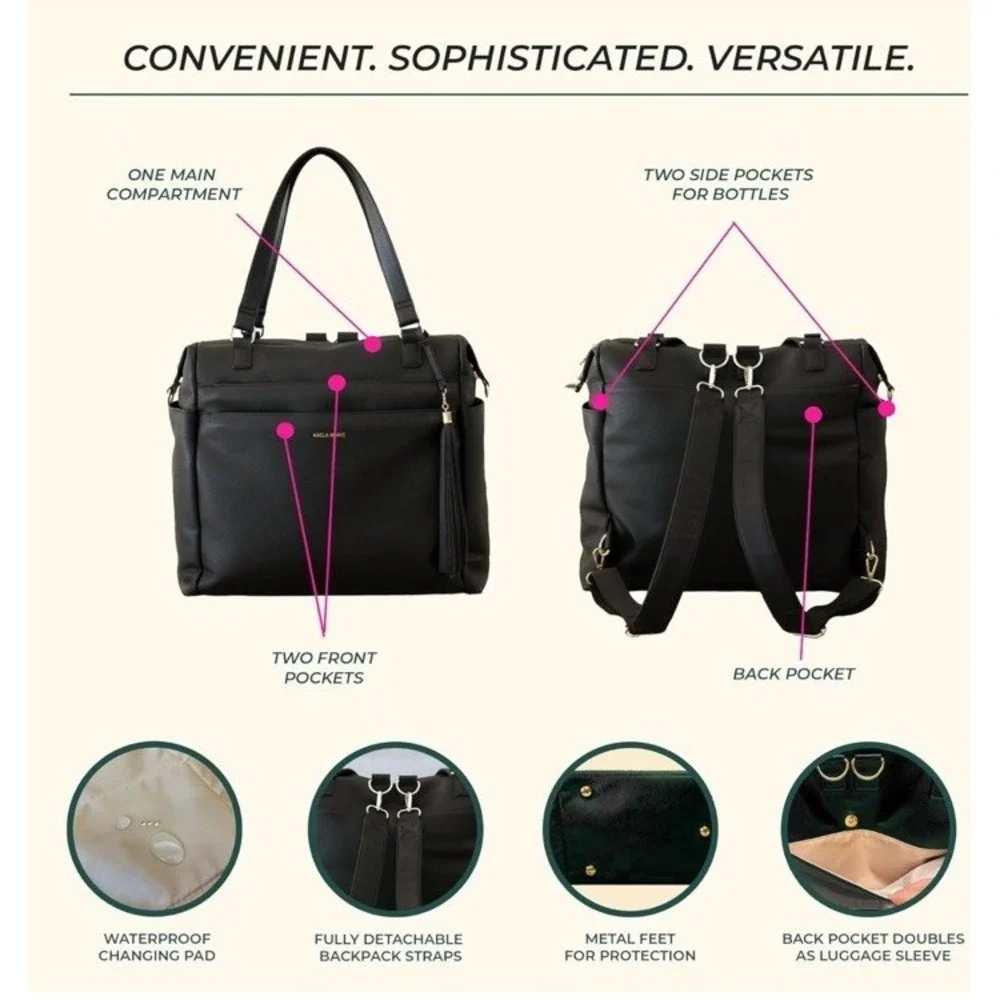 Kaela Marie Large Diaper Bag Backpack, Vegan Leather Travel Tote with Brown